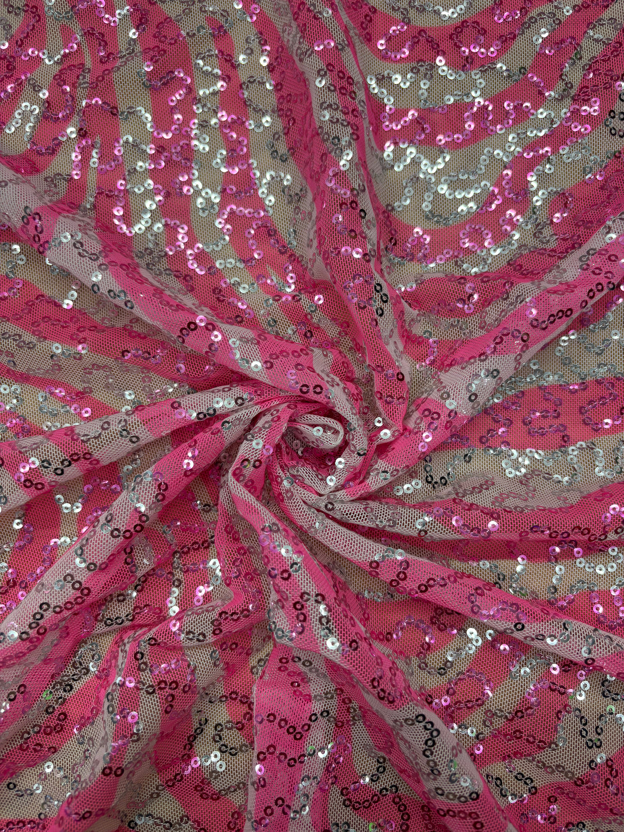 Pink Zebra Print Sequin Mesh Fabric - Pink Zebra Print, 4-Way Stretch, Medium Weight (1 Yard)
