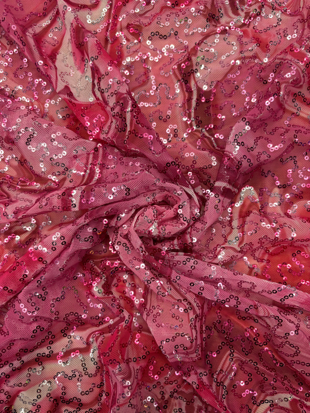 Pink Marble Sequin Mesh Stretch Sequin Mesh Fabric - Pink Marble Print, Medium Weight, 4-Way Stretch, 1 Yard