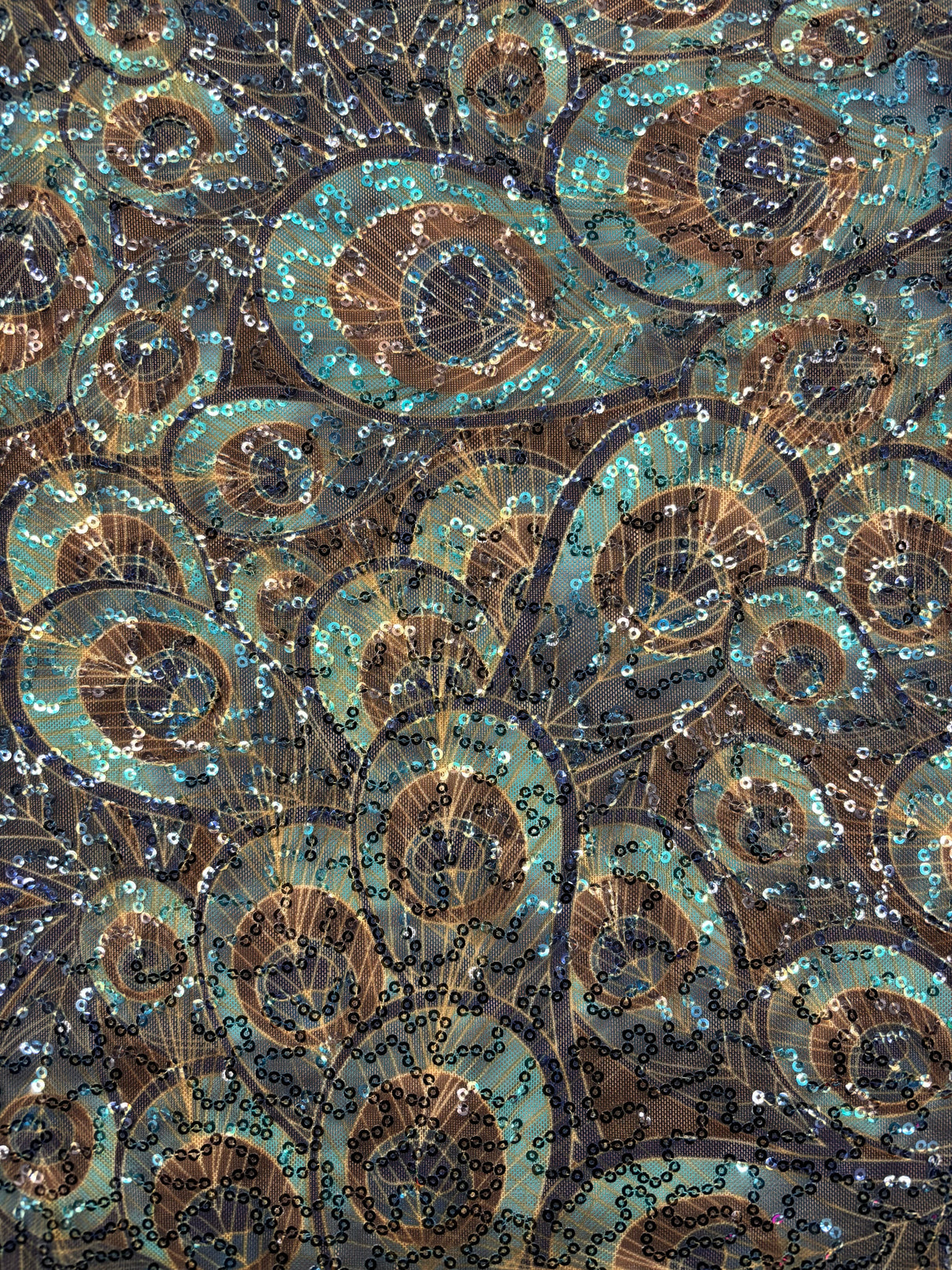 Peacock Print Sequin Mesh Fabric - Peacock Print, 4-Way Stretch, Medium Weight (1 Yard)