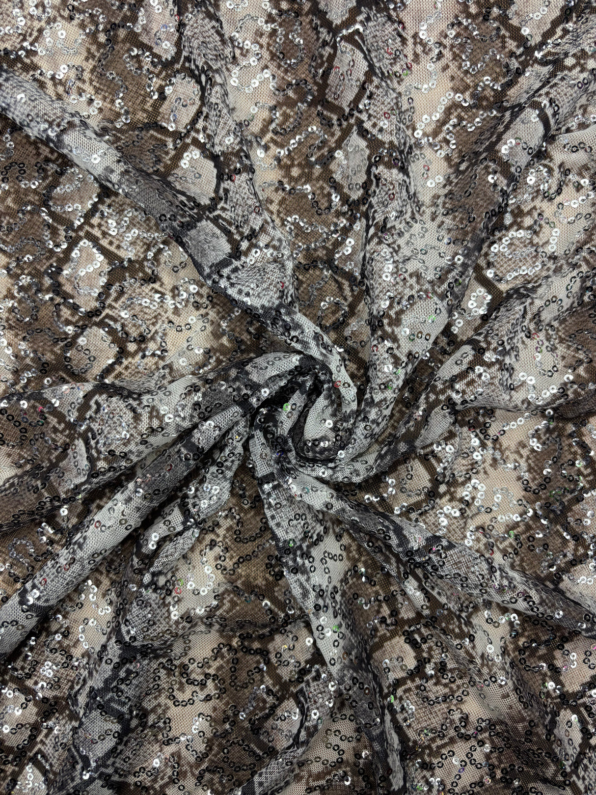 Grey Snake Print Sequin Mesh Fabric - Grey Snake Print, 4-Way Stretch, Medium Weight (1 Yard)