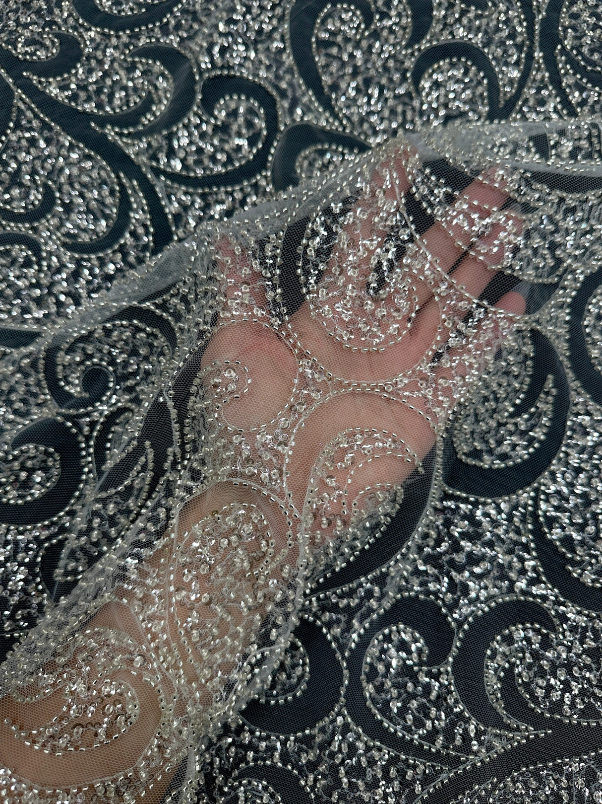 Silver Sequin Beaded Scroll Lace on Mesh