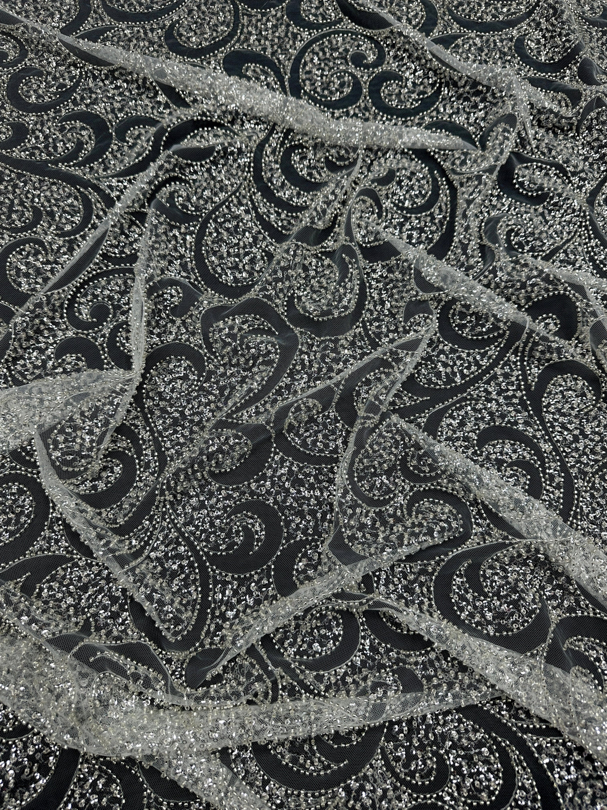 Silver Sequin Beaded Scroll Lace on Mesh