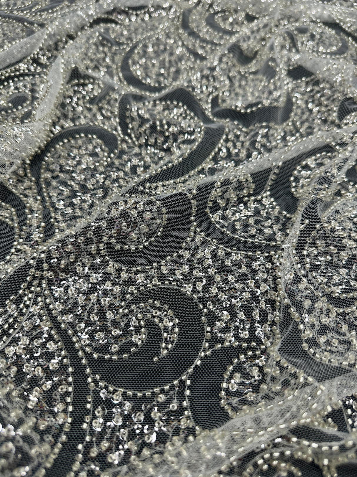 Silver Sequin Beaded Scroll Lace on Mesh