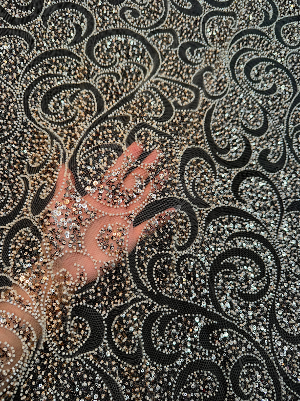 Gold Stretch Sequin Beaded Scroll Lace Mesh
