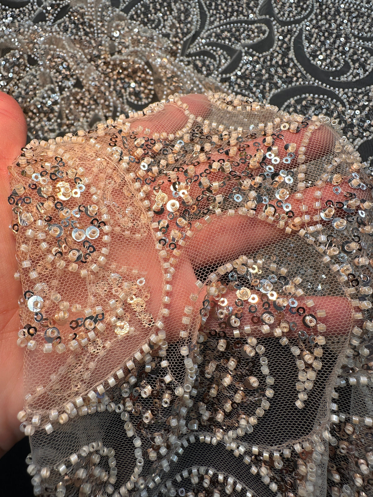Gold Stretch Sequin Beaded Scroll Lace Mesh
