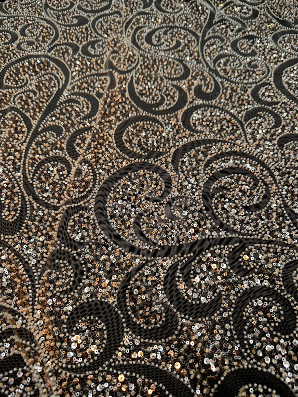 Gold Stretch Sequin Beaded Scroll Lace Mesh