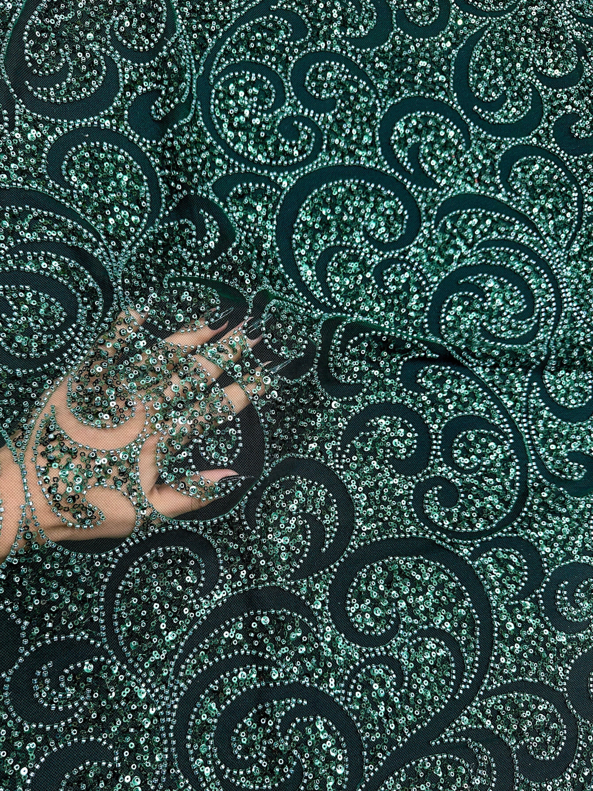 Stretch Sequin Beaded Scroll Lace on Mesh