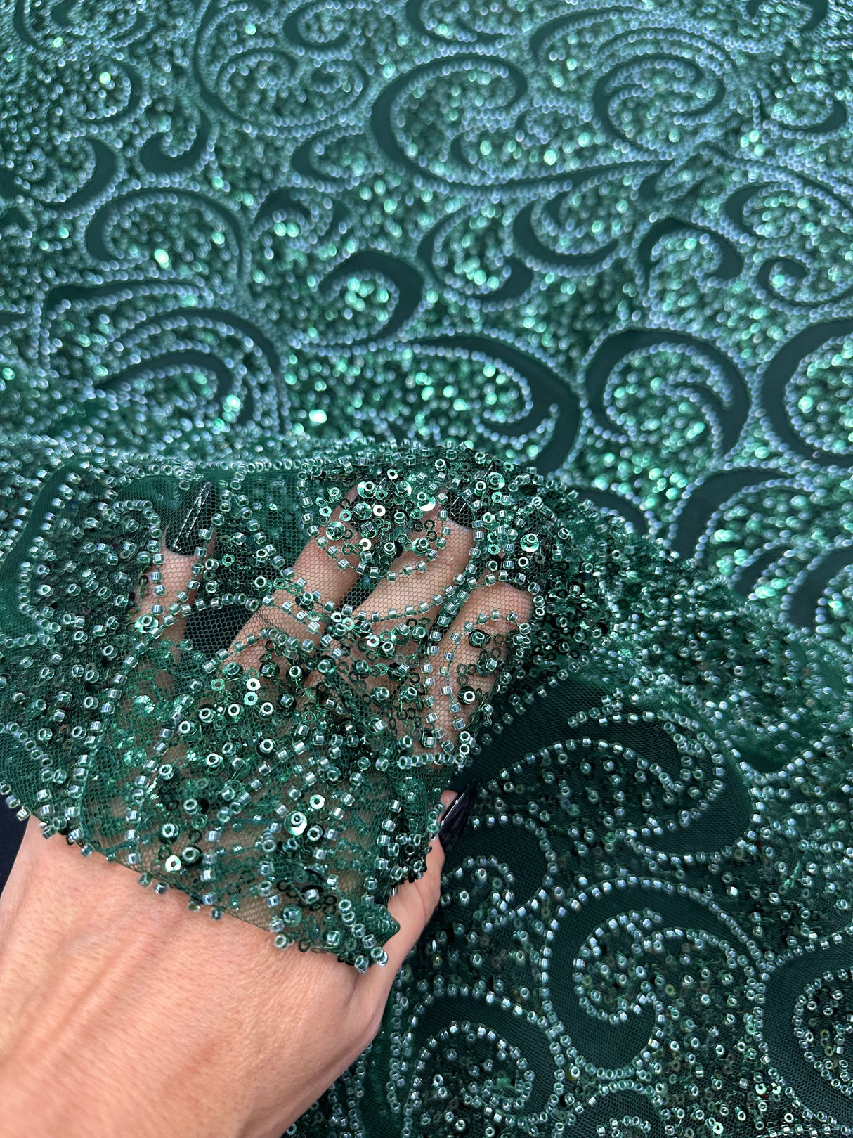 Stretch Sequin Beaded Scroll Lace on Mesh
