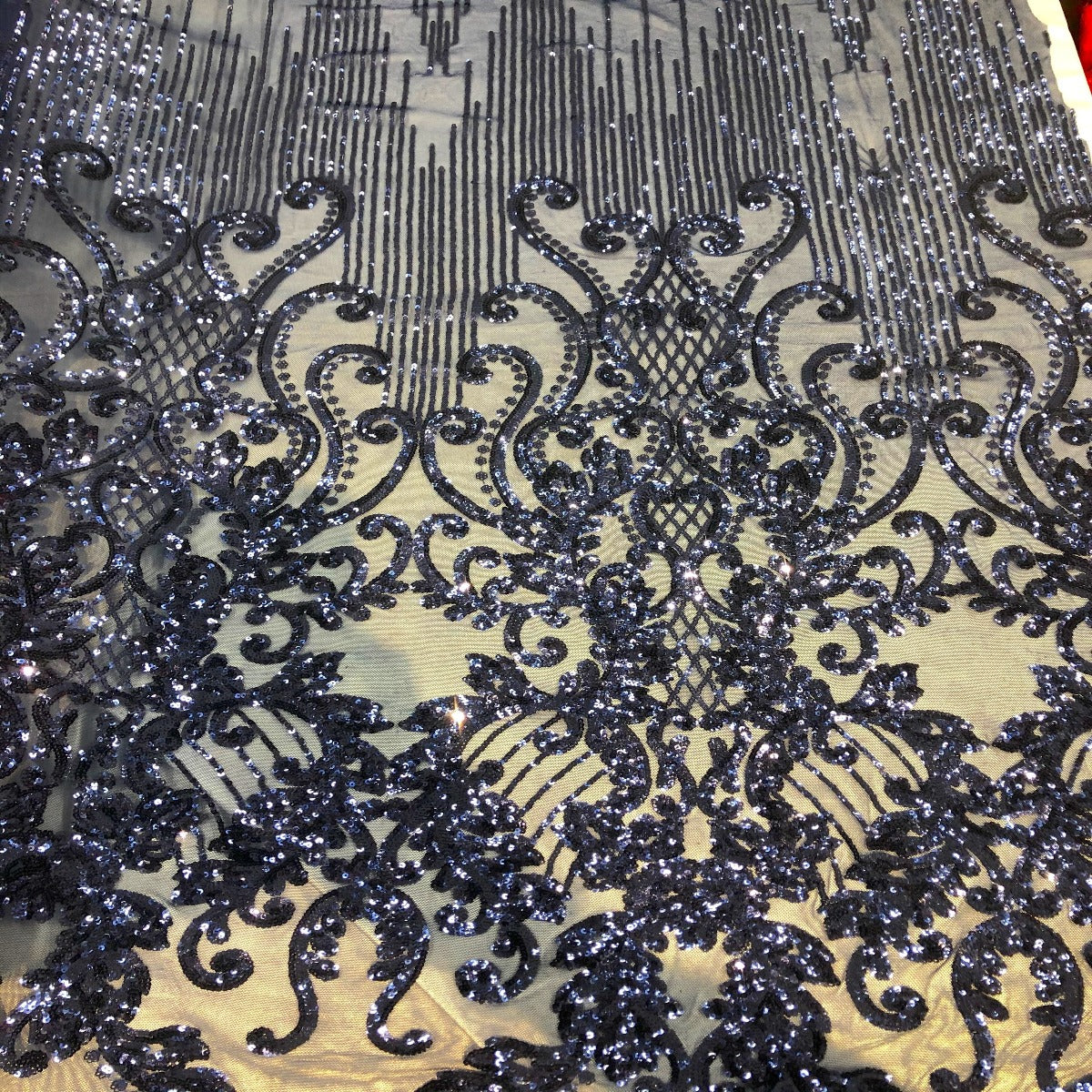 Alta Striped Damask Stretch Sequins Nylon Spandex Mesh Fabric - Pearl Blue Iridescent, Striped Damask, 60" Width (1 Yard)