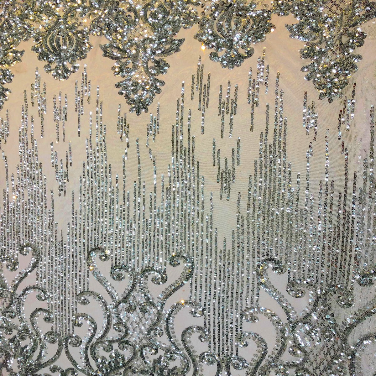 Alta Striped Damask Stretch Sequins Nylon Spandex Mesh Fabric - Pearl Blue Iridescent, Striped Damask, 60" Width (1 Yard)