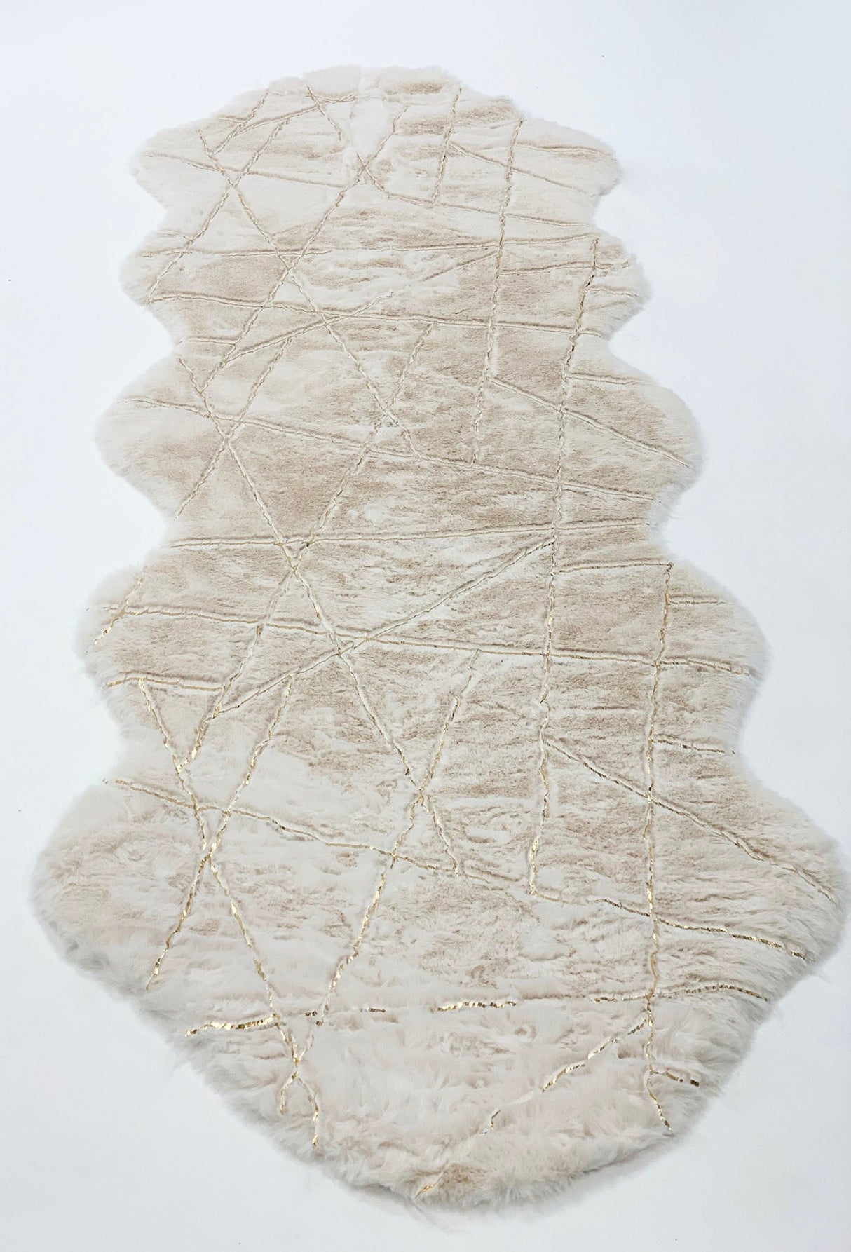 White With Golden Metallic Lines Faux Rabbit Touch Rug - White Lines, Faux Fur Rug (7'6" X 10'3")