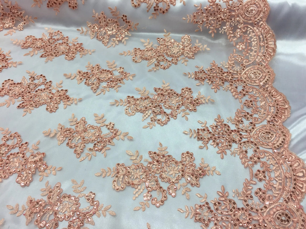 Sequin Lace Fabric With Embroideries On Mesh - 100 Percent Polyester Fabric, Double Scalloped Floral Lace, 51" Width (1 Yard)