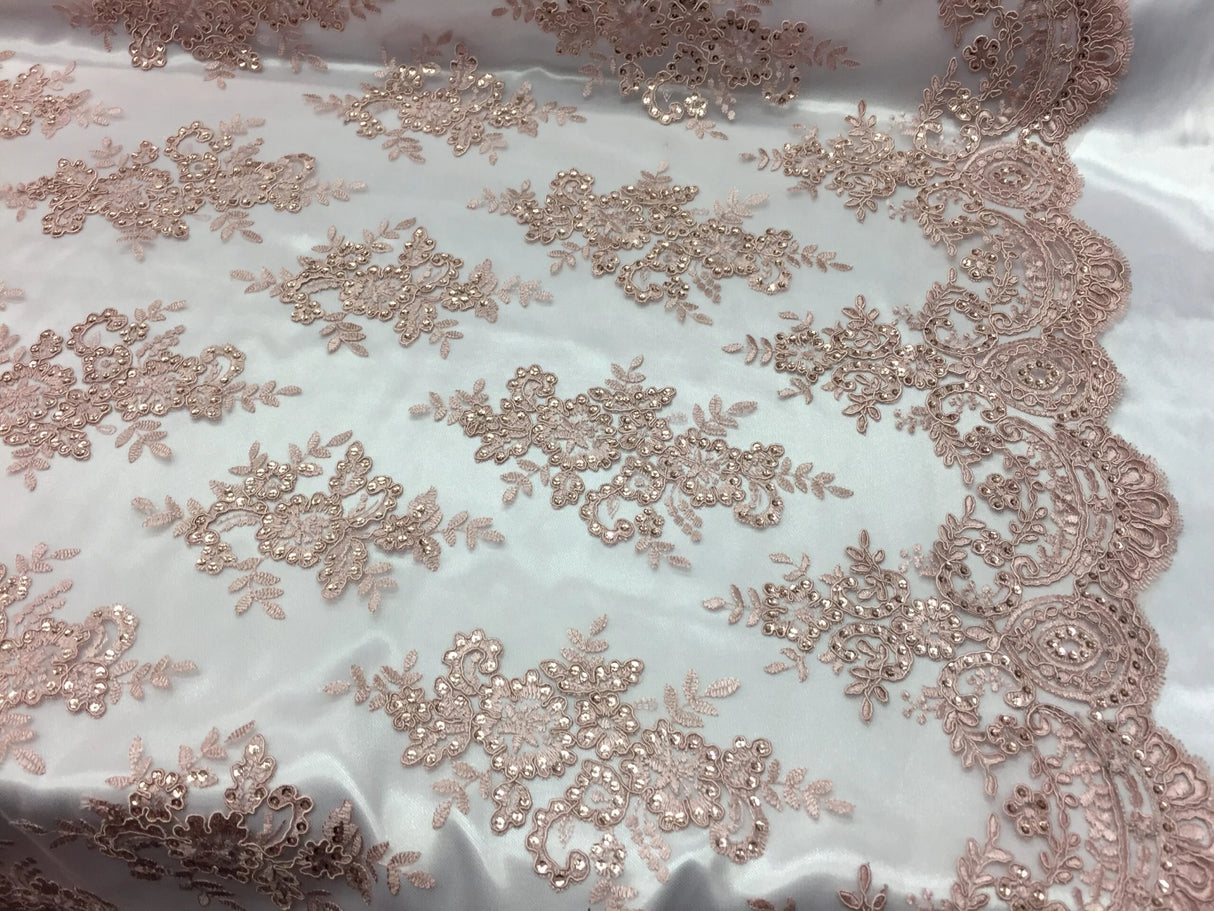 Sequin Lace Fabric With Embroideries On Mesh - 100 Percent Polyester Fabric, Double Scalloped Floral Lace, 51" Width (1 Yard)