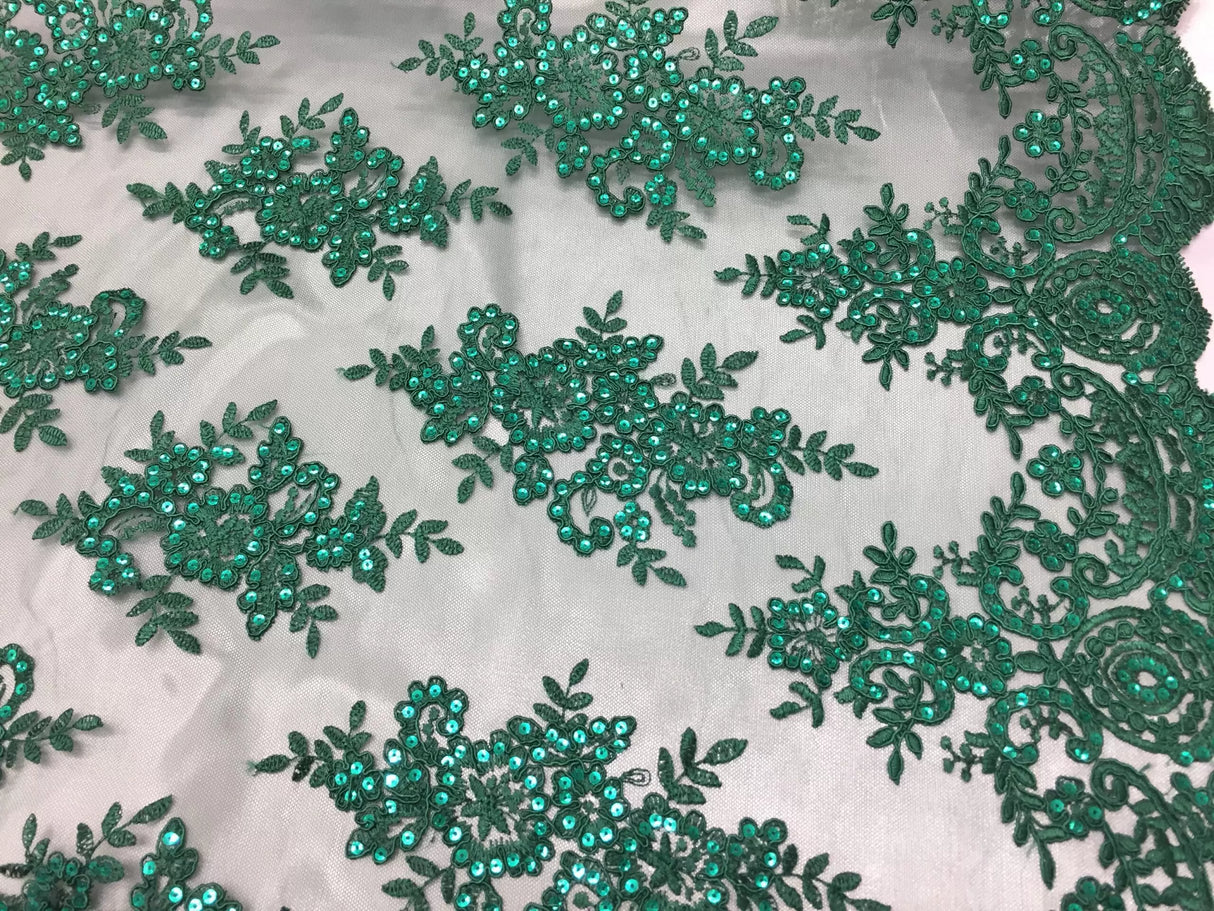 Sequin Lace Fabric With Embroideries On Mesh - 100 Percent Polyester Fabric, Double Scalloped Floral Lace, 51" Width (1 Yard)