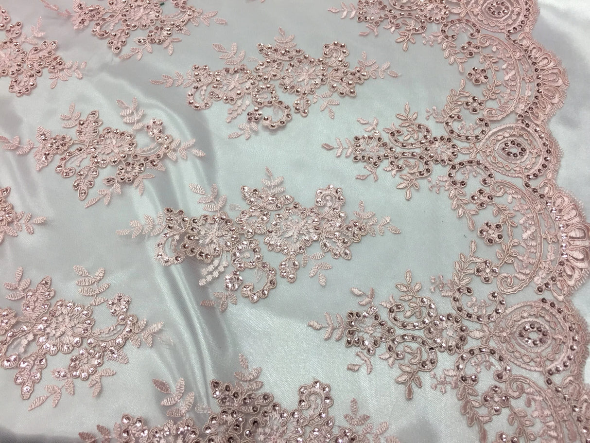 Sequin Lace Fabric With Embroideries On Mesh - 100 Percent Polyester Fabric, Double Scalloped Floral Lace, 51" Width (1 Yard)