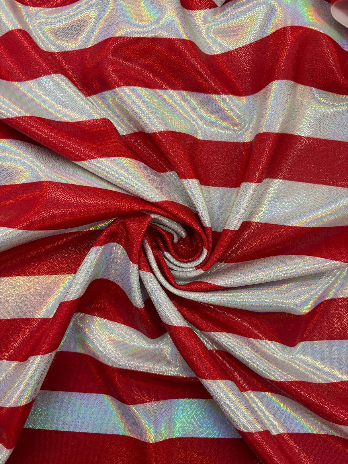 Red And White Striped Holographic Mystique Spandex Fabric - Red And White Stripes, 1 Yard