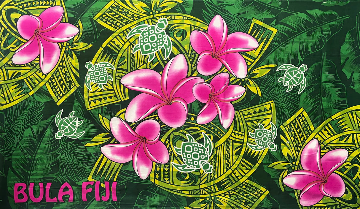 Bula Fiji Turtle Sarong 100 Percent Polyester Fabric - Polynesian Tattoo Background With Floating Sea Turtles And Plumeria Flowers, 72" L X 45" W (1 Piece)