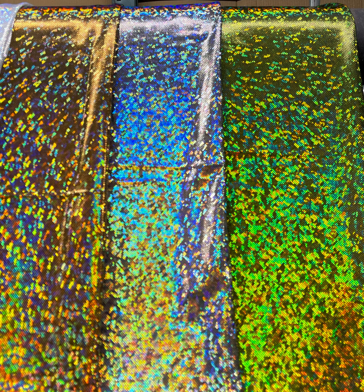 Shattered Holographic Honeycomb Nylon Spandex Fabric - Green, Royal, Red, Iridescent Black, Silver, Pink, Chartreuse, White, Gold, 58" Wide