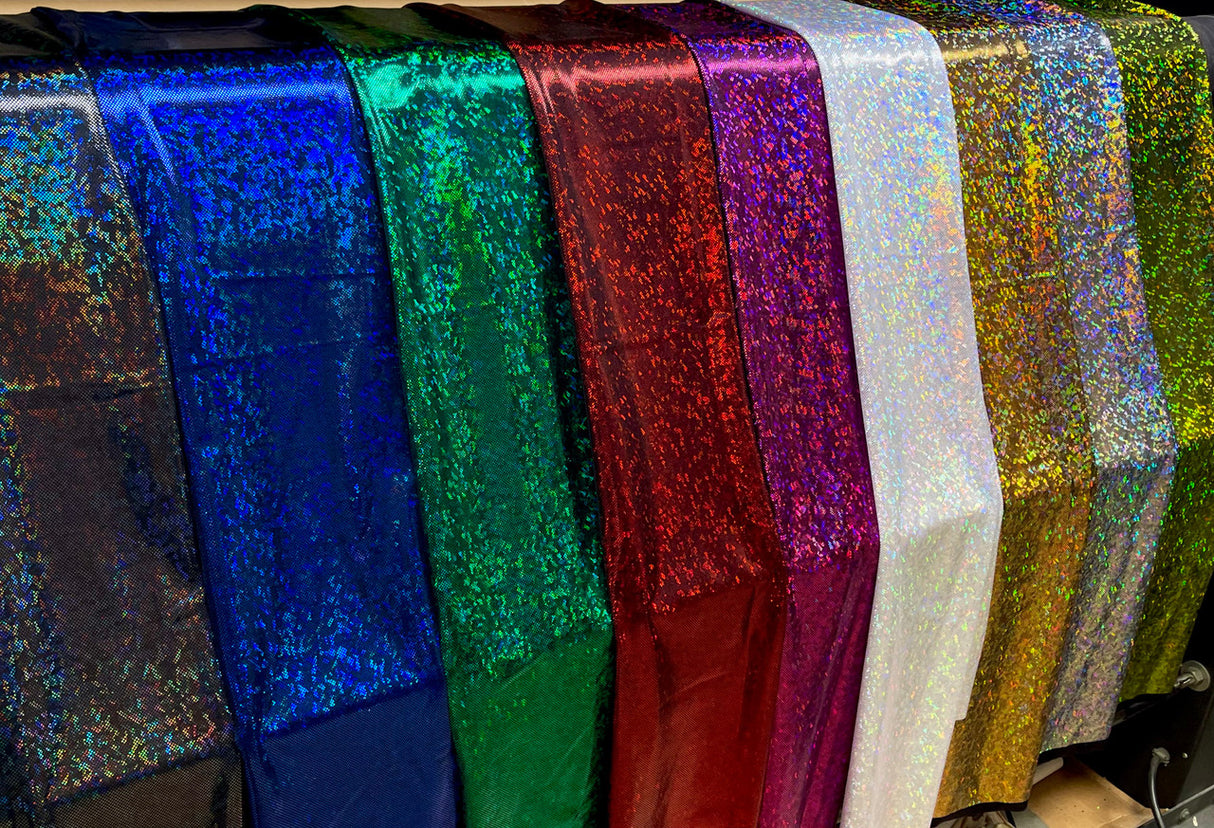 Shattered Holographic Honeycomb Nylon Spandex Fabric - Green, Royal, Red, Iridescent Black, Silver, Pink, Chartreuse, White, Gold, 58" Wide