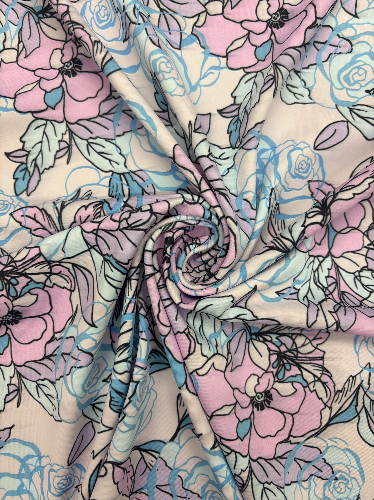Blue And Pink Floral Print Polyester Spandex Fabric - Blue And Pink Floral Print, 58"/60" Width (1 Yard)