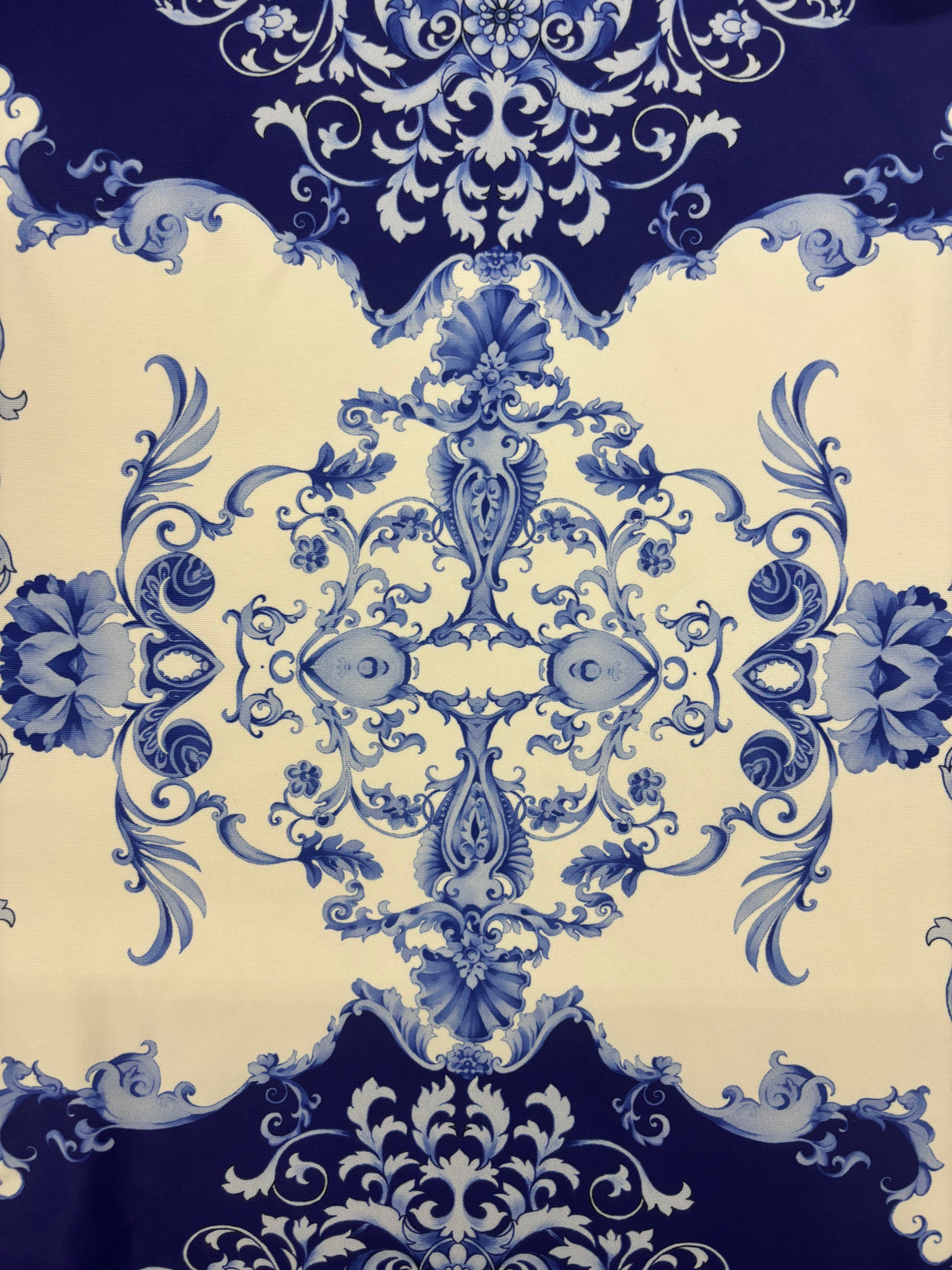 Blue Damask Print Polyester Spandex Fabric - Blue Damask Print, 58"/60" Width (1 Yard)