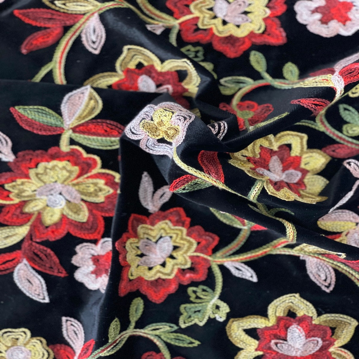 Embroidered Stretch Velvet Fabric Multicolor Floral
