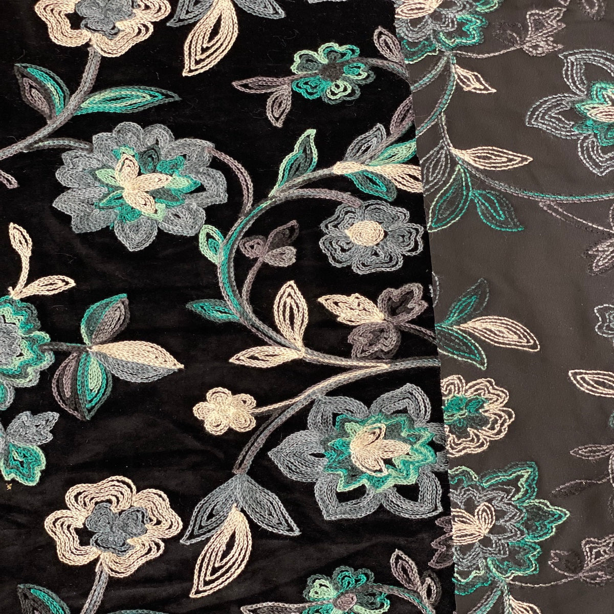 Briony Multicolor Floral Embroidered Stretch Velvet Fabric - Multicolor Floral Embroidery, 52" Width (1 Yard)