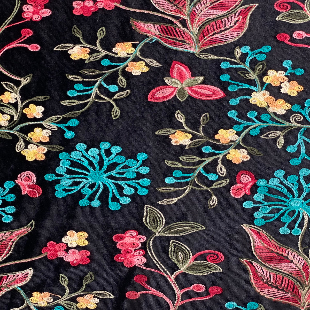 Embroidered Stretch Velvet Fabric Multicolor Floral