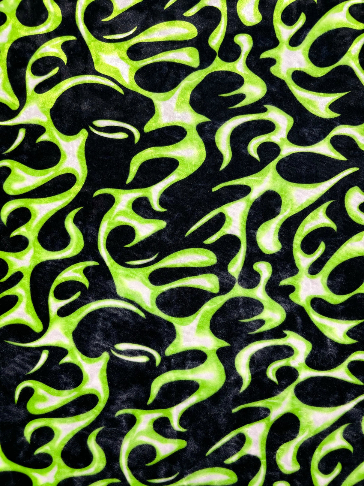 Green Flame Printed Velvet Fabric - Green Flame Print, 4-Way Stretch (1 Yard)