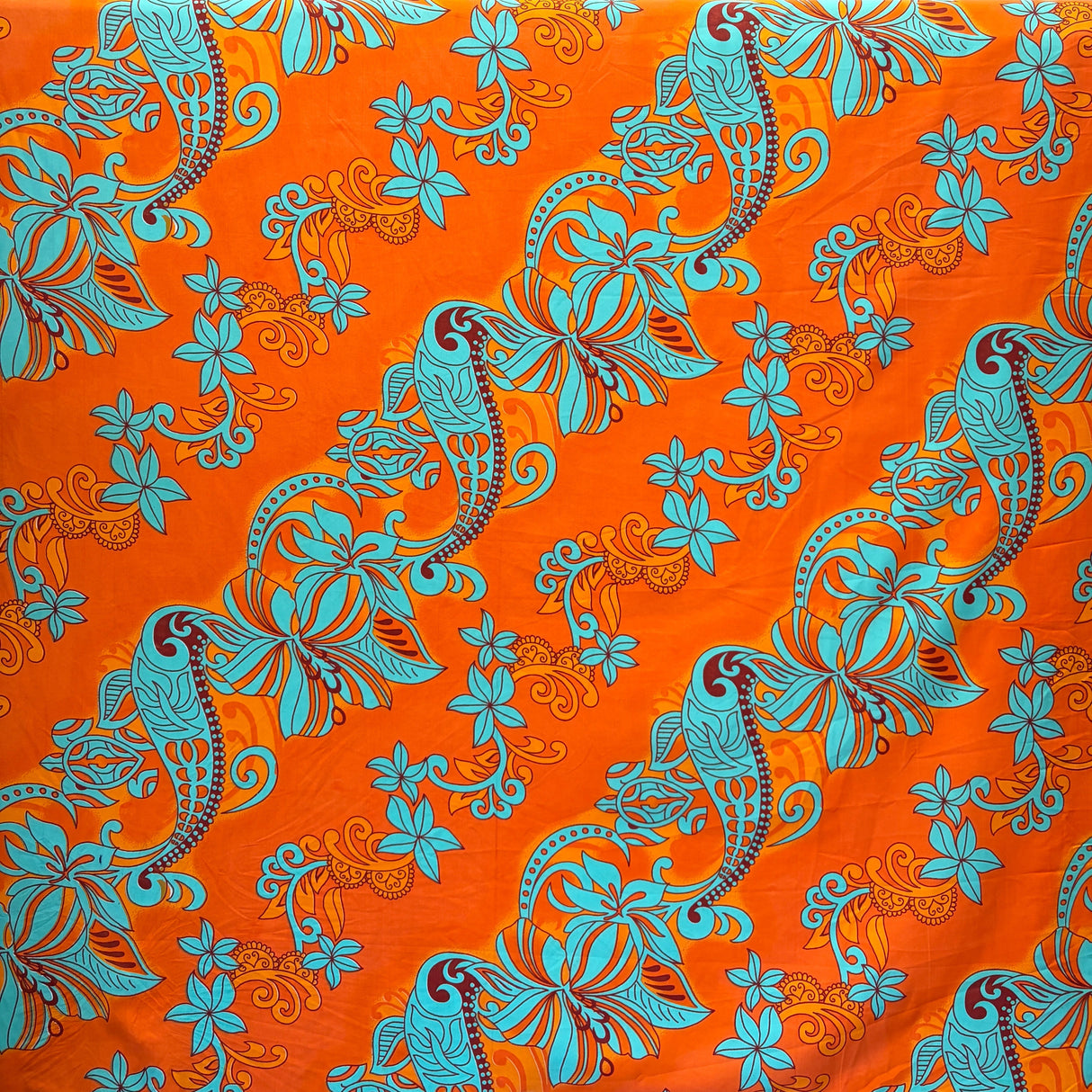 Diagonal Hibiscus Plumeria Sea Turtle Swirl Design Peachskin Fabric - Multi Color Tropical Print, 45" Width (1 Yard)