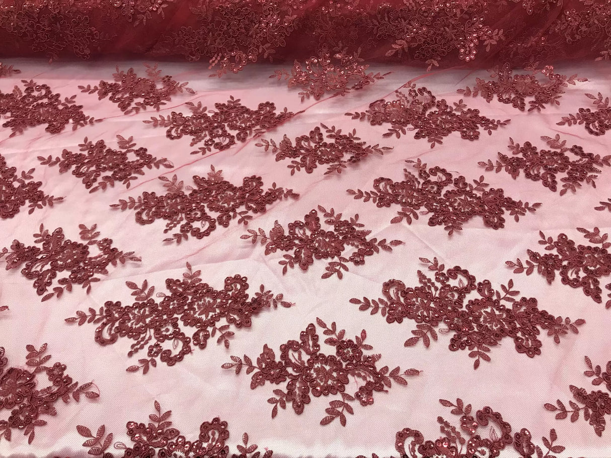 Sequin Lace Fabric With Embroideries On Mesh - 100 Percent Polyester Fabric, Double Scalloped Floral Lace, 51" Width (1 Yard)