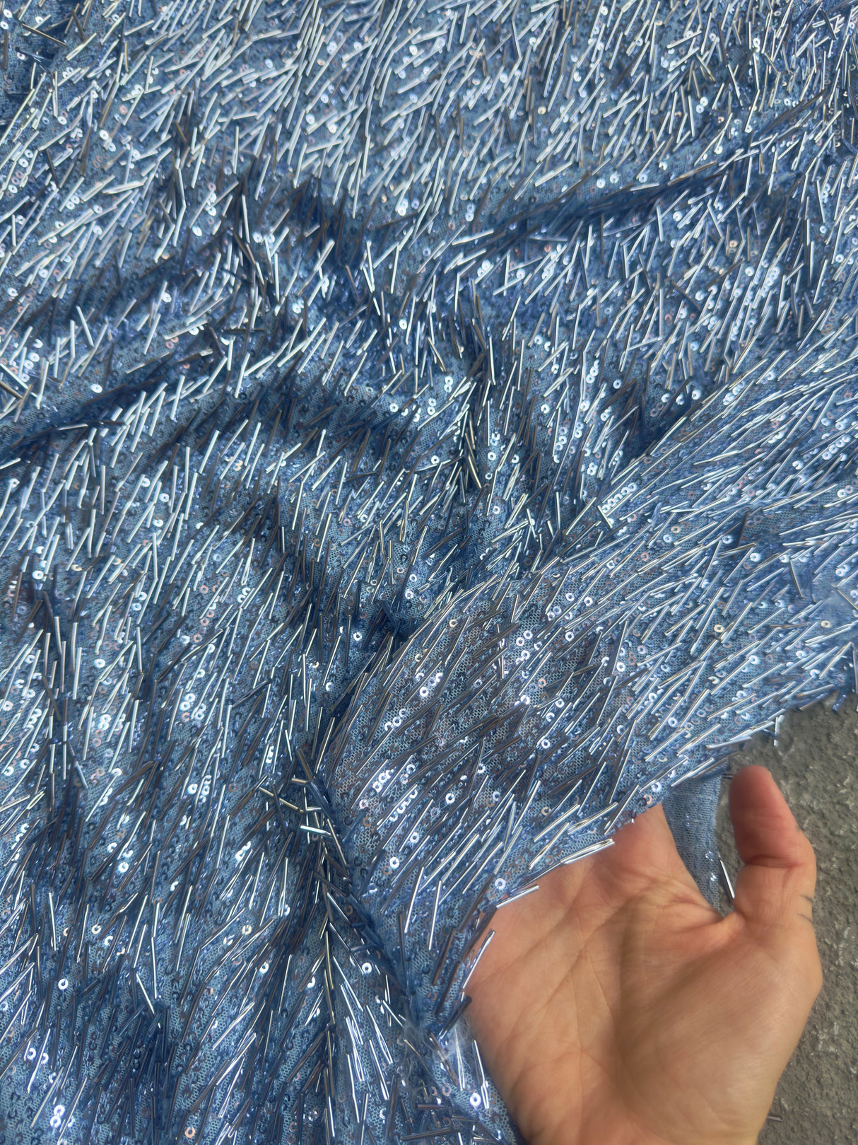 Fringe Sequin on Mesh Sky Blue