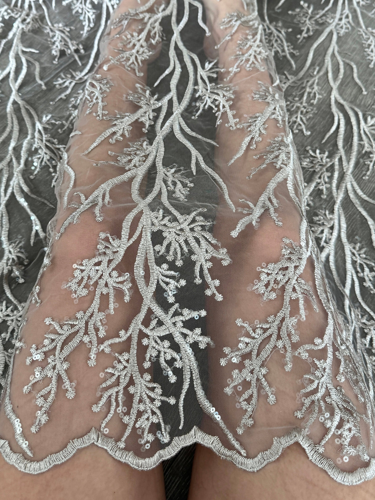 Silver Embroidered Branch Bridal Lace