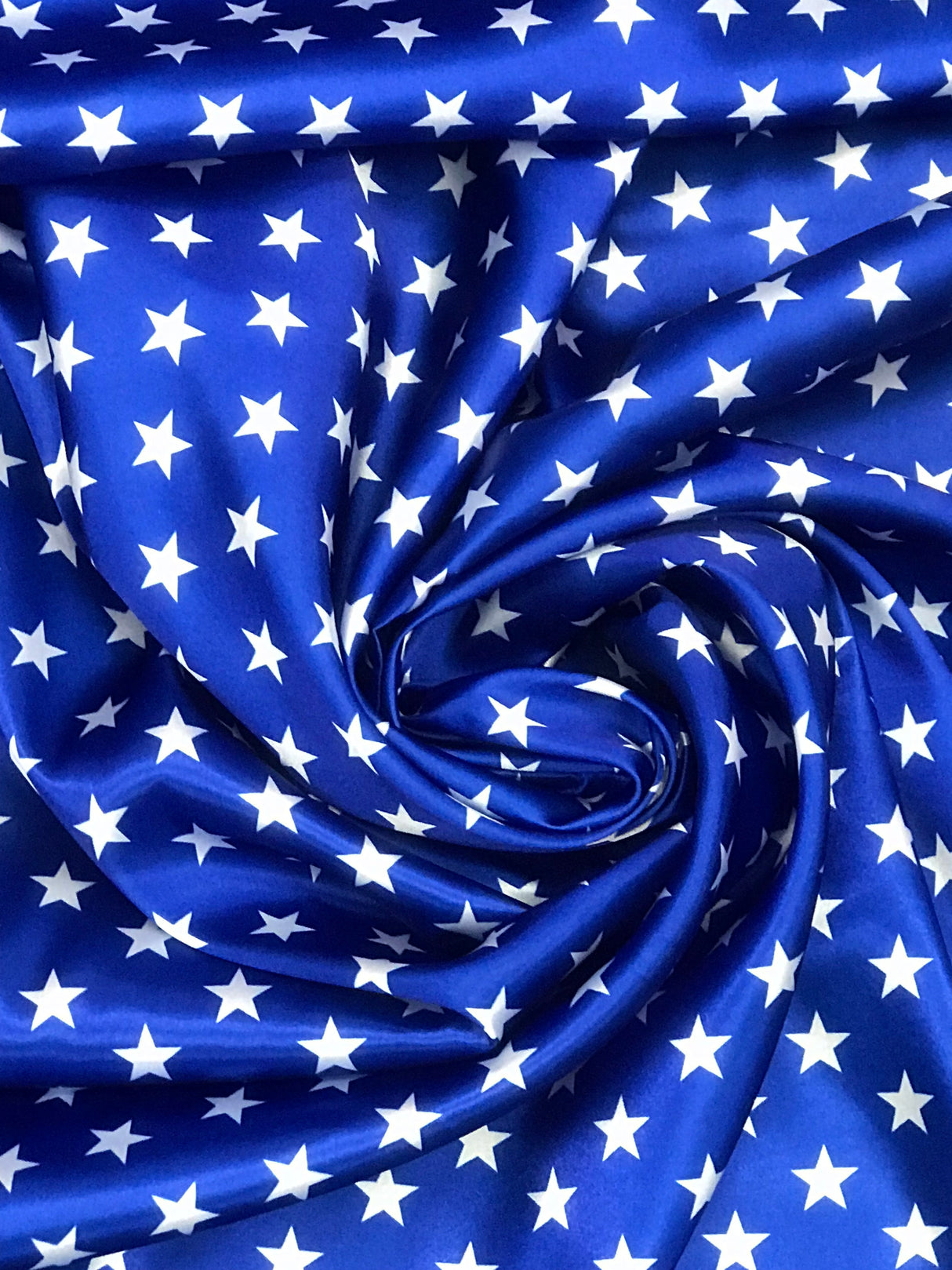 Patriotic Stars Charmeuse Print Royal Polyester Fabric - White Stars Print, Royal, 60" Width (1 Yard)