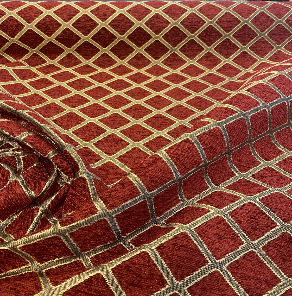 Cleopatra Chenille Upholstery Fabric - Diamond Ruby Red Gold Print, 56" Width (By The Yard)