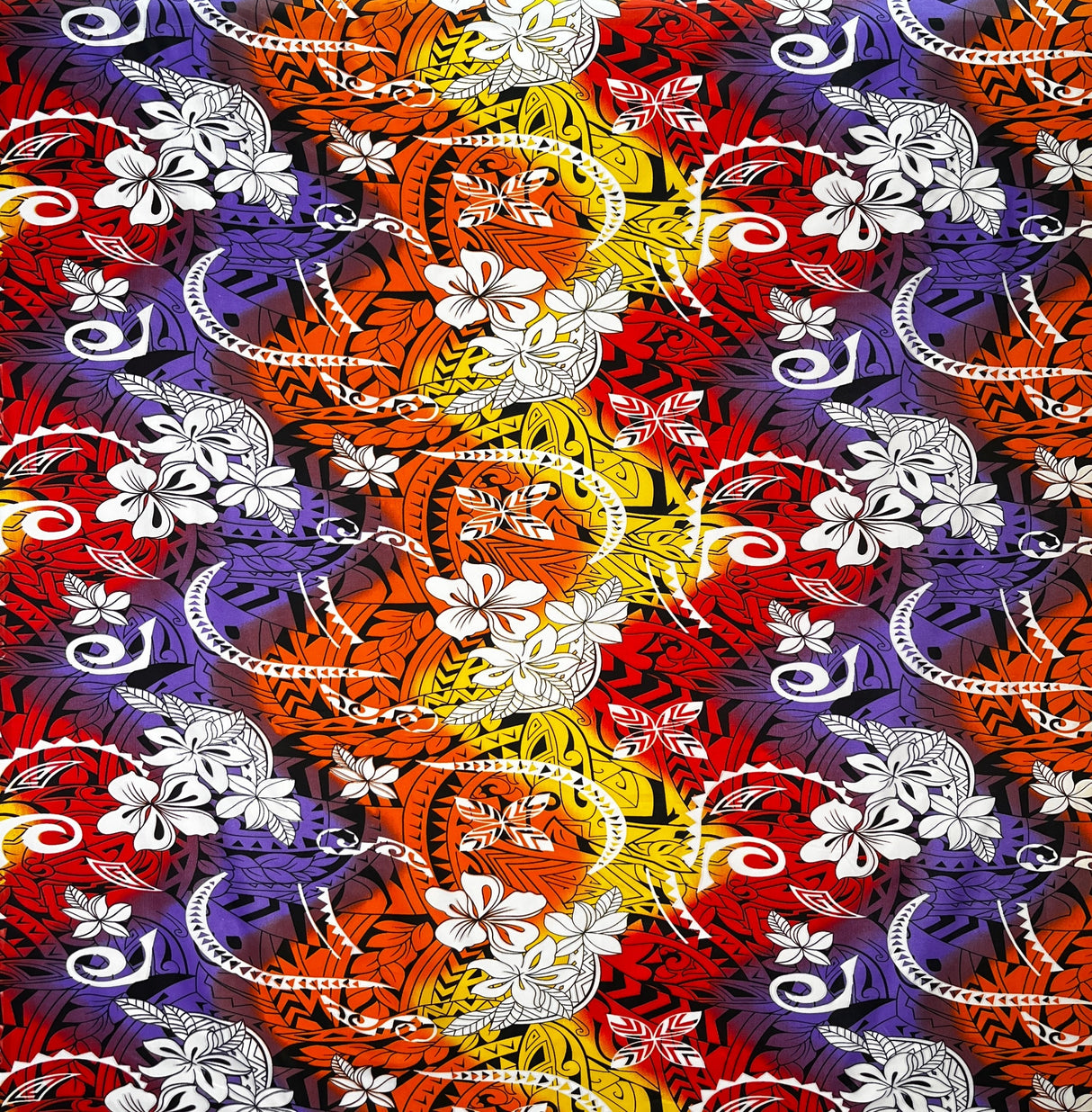 Multicolored Traditional Tattoo & Plumeria Design Polyester Fabric - Multicolored Tattoo And Plumeria Print, 45" Width (1 Yard)