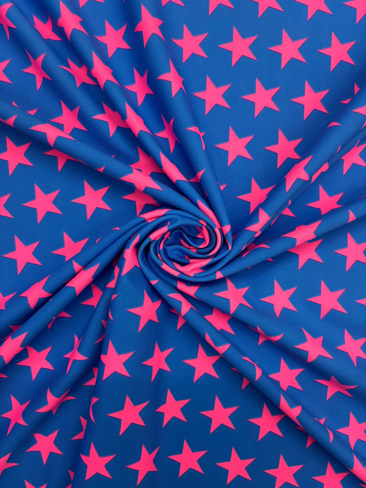 Star Print Spandex Fabric - Blue With Pink Stars, 58"/60" Width (1 Yard)