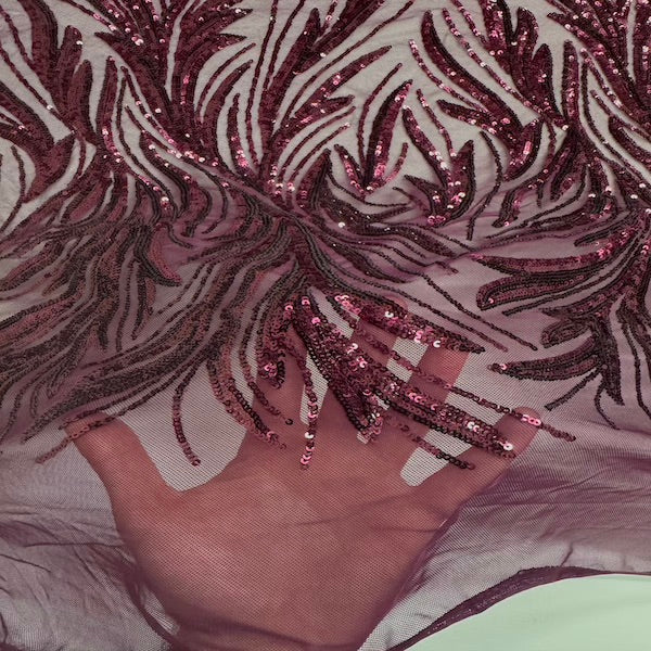 Ariba Floral Leaf Stretch Sequins Fabric - Nylon Spandex Mesh Fabric, 4-Way Stretch, 60" Width, 52" Sequins Width (1 Yard)