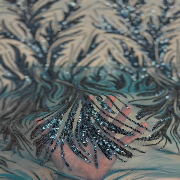Ariba Floral Leaf Stretch Sequins Fabric - Nylon Spandex Mesh Fabric, 4-Way Stretch, 60" Width, 52" Sequins Width (1 Yard)