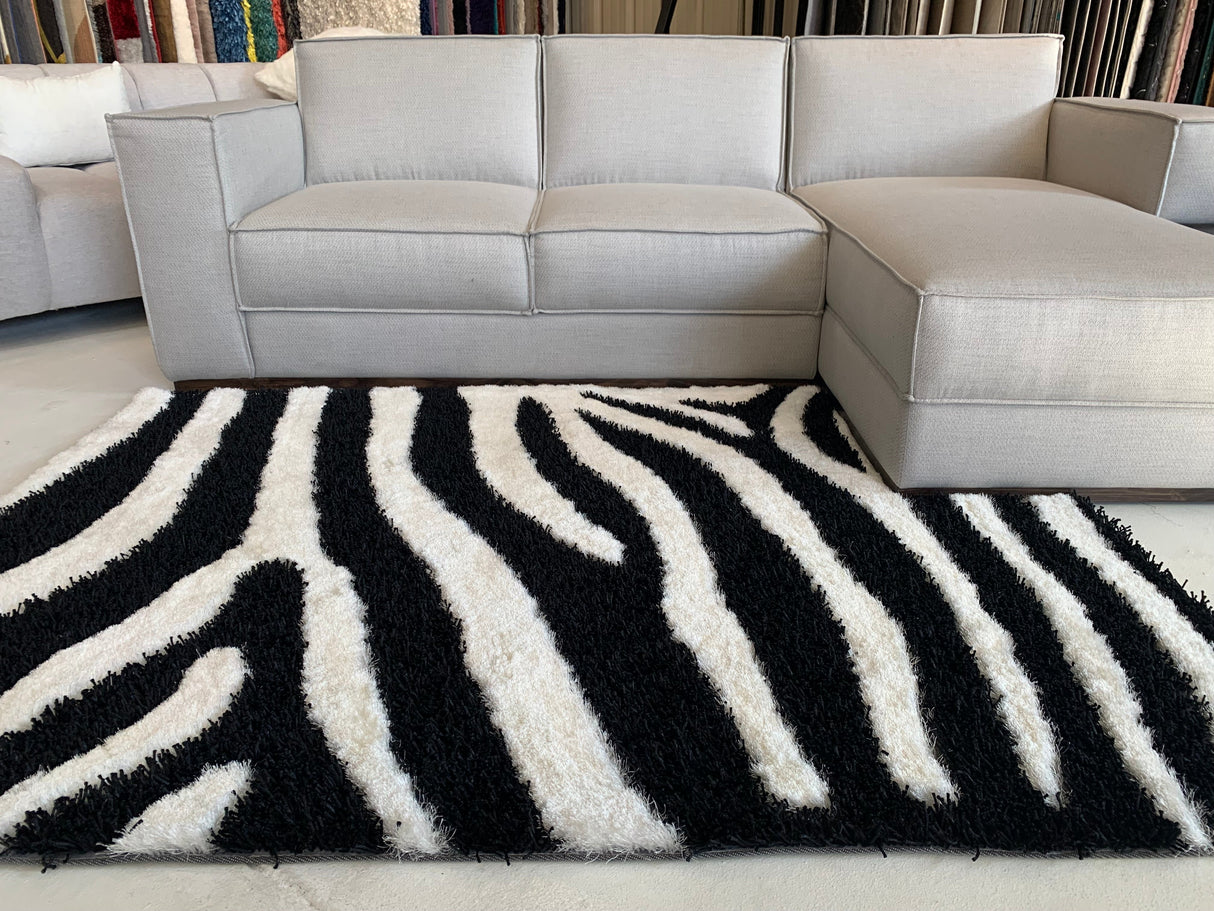 Zebra Animal Print Shag Viscose Fabric - Black And White Zebra Print, 1.5" High Pile (1 Piece)