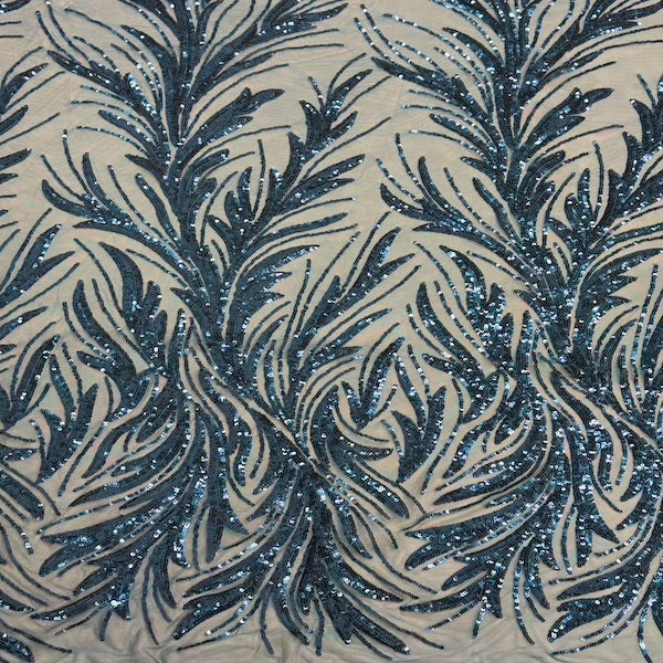 Ariba Floral Leaf Stretch Sequins Fabric - Nylon Spandex Mesh Fabric, 4-Way Stretch, 60" Width, 52" Sequins Width (1 Yard)
