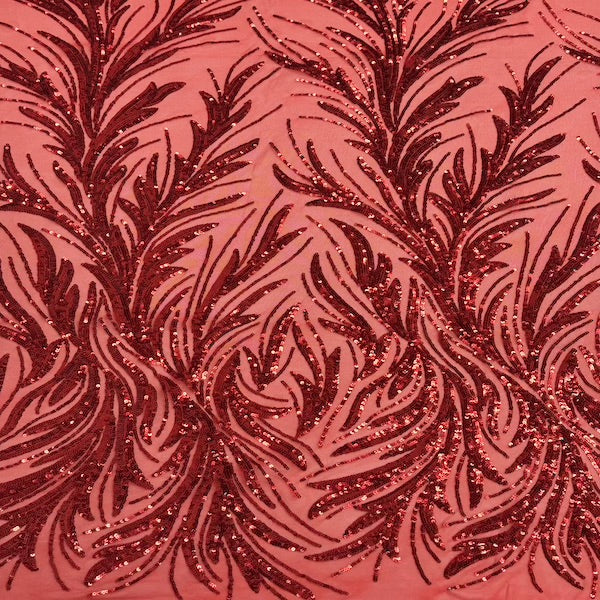 Ariba Floral Leaf Stretch Sequins Fabric - Nylon Spandex Mesh Fabric, 4-Way Stretch, 60" Width, 52" Sequins Width (1 Yard)