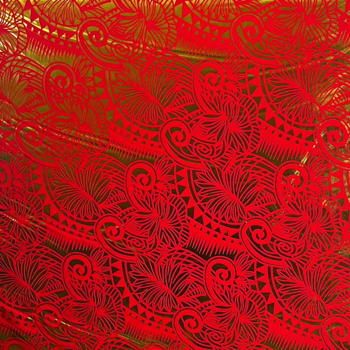 Palm Leaves Traditional Tattoo Polyester Foil Fabric - Foil Printed, Red & Gold, 36" X 60" (1 Yard)