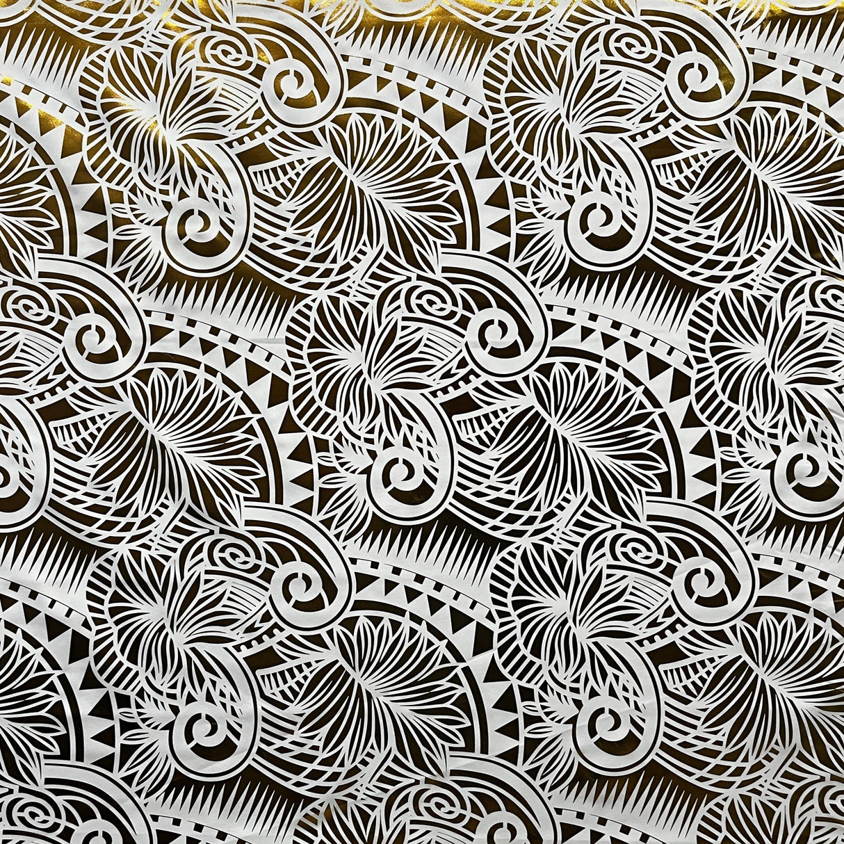 Palm Leaves Traditional Tattoo Polyester Foil Fabric - Foil Printed, Red & Gold, 36" X 60" (1 Yard)