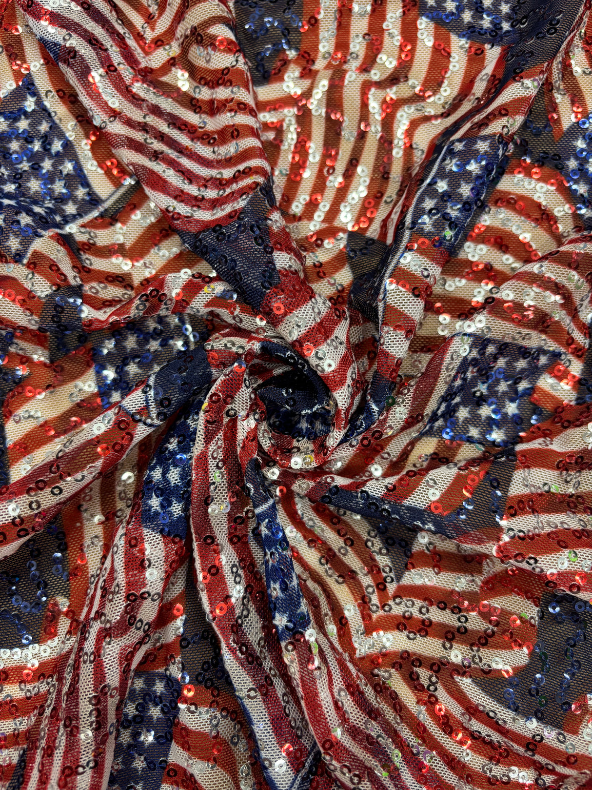 American Flag Print Sequin Mesh Fabric - American Flag Print, 4-Way Stretch, Medium Weight, 1 Yard