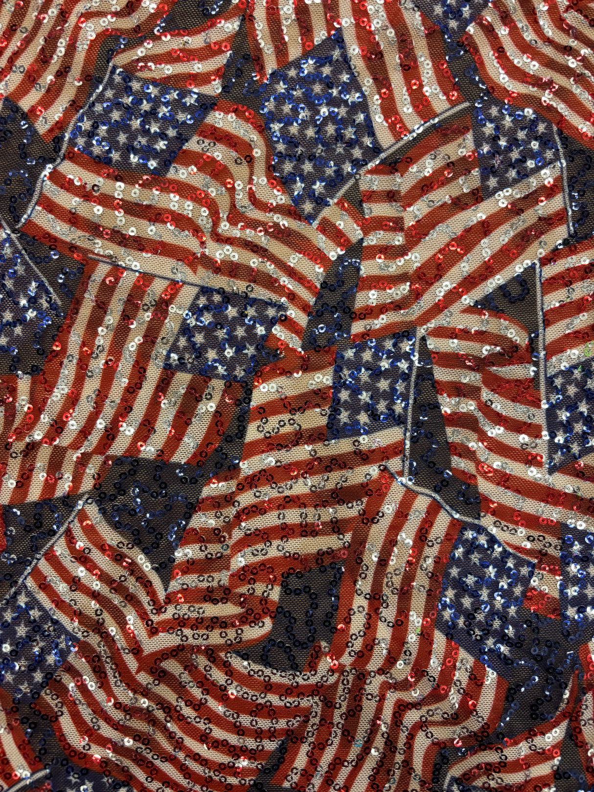 American Flag Print Sequin Mesh Fabric - American Flag Print, 4-Way Stretch, Medium Weight, 1 Yard