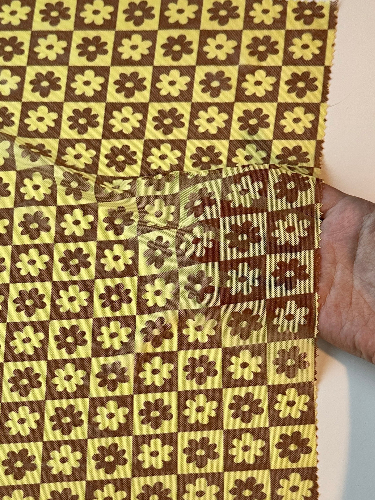 Printed Power Mesh Yellow Floral Checkered