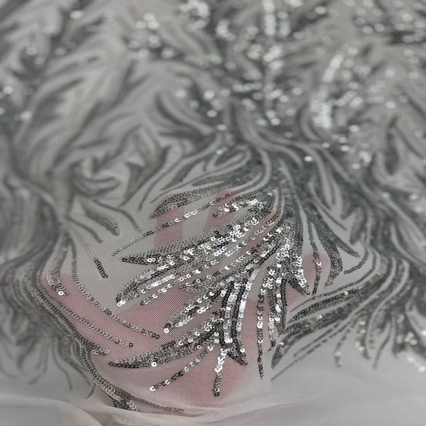 Ariba Floral Leaf Stretch Sequins Fabric - Nylon Spandex Mesh Fabric, 4-Way Stretch, 60" Width, 52" Sequins Width (1 Yard)