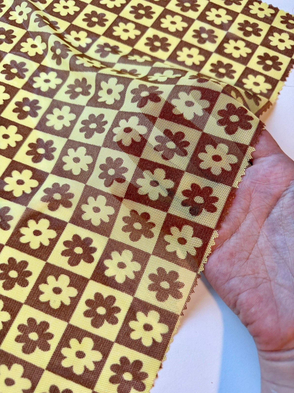 Printed Power Mesh Yellow Floral Checkered
