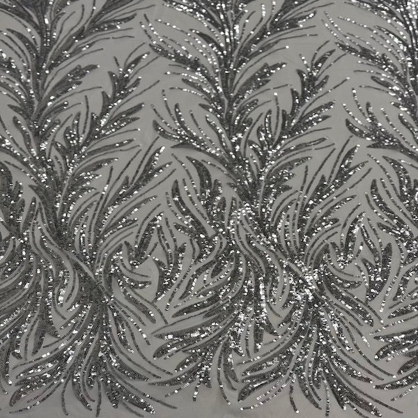Ariba Floral Leaf Stretch Sequins Fabric - Nylon Spandex Mesh Fabric, 4-Way Stretch, 60" Width, 52" Sequins Width (1 Yard)